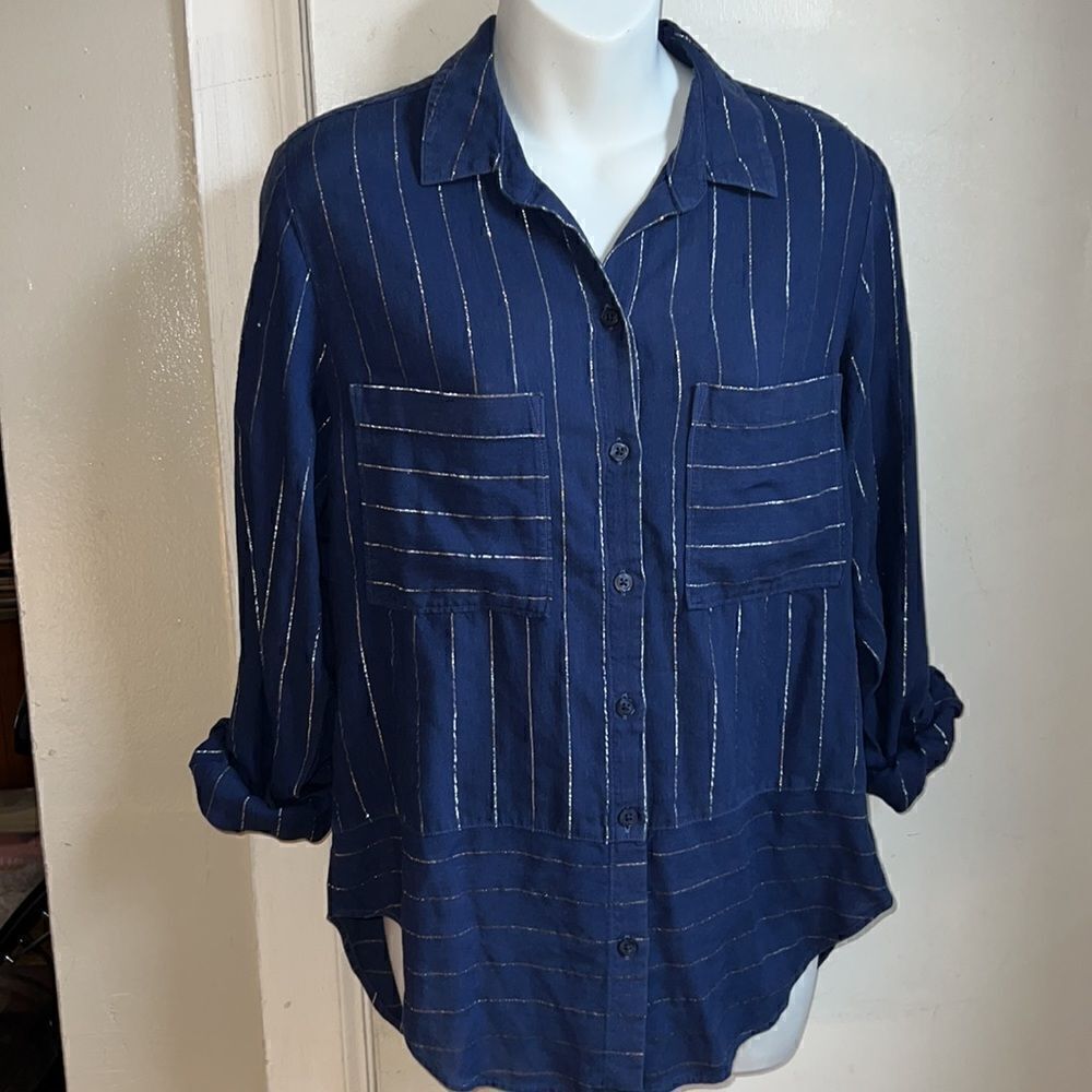ANTHRO CLOTH & STONE Metallic Striped Linen Blend Blouse-S